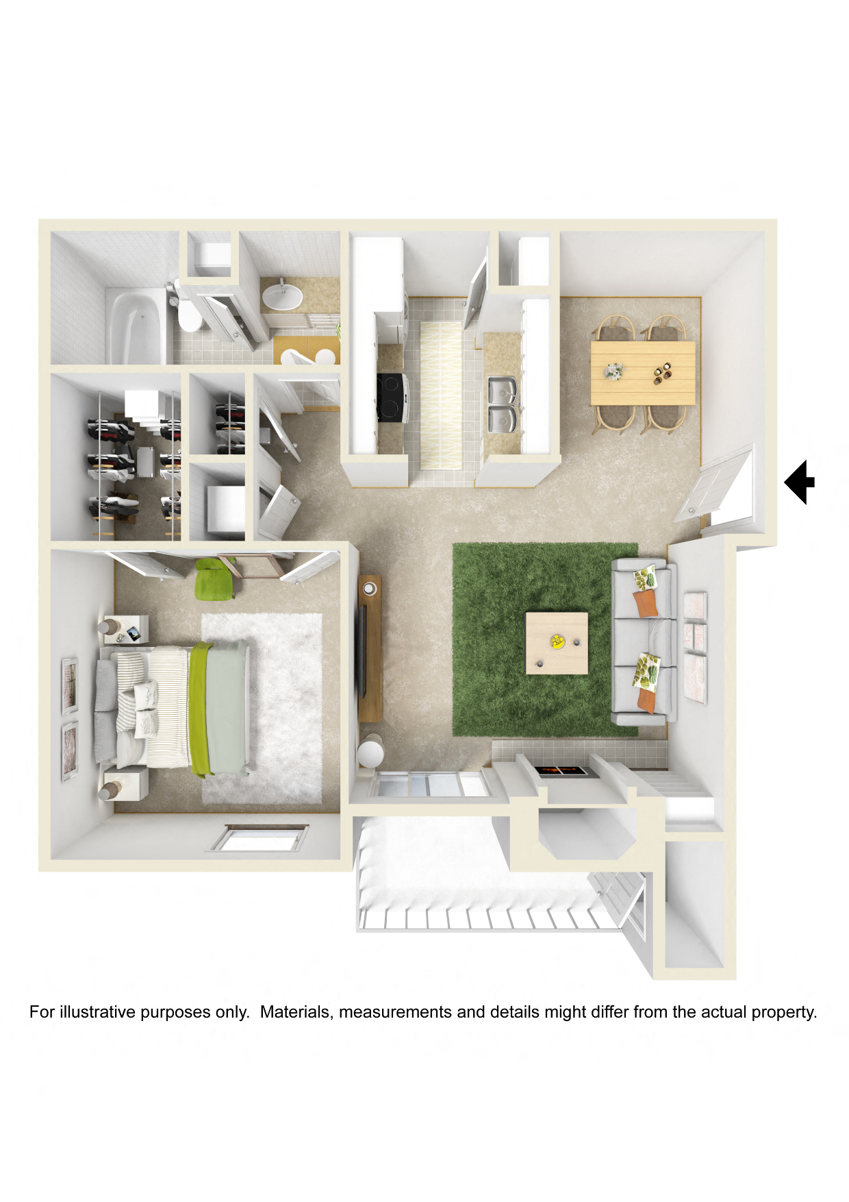 Floor plan for 1 bed, 1 bath, 620 sqft